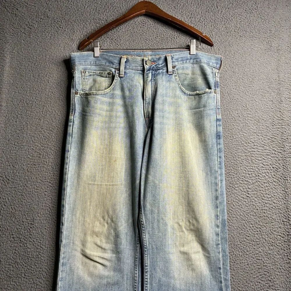 VTG American Eagle Jeans Mens Bootcut 36x30 Light Wash Whiskered Y2K